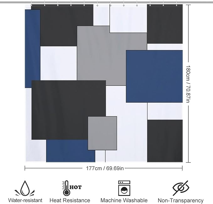 Retro Geometric Shower Curtain,Blue Black Modern Geometry Minimalist Neutral Design Bathroom Curtain Polyester Waterproof Fabric Decor 72x72in（183x183cm）