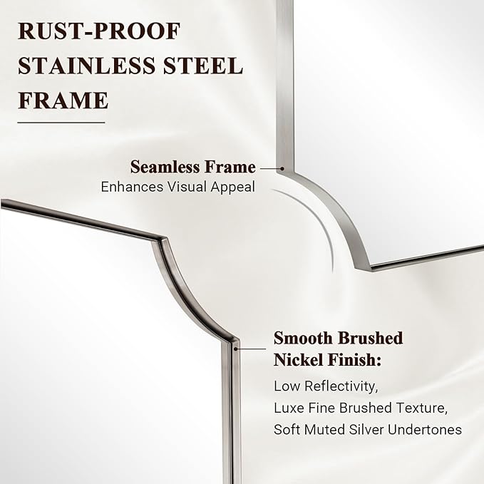 ANDY STAR 36"x48" Large Bathroom Mirror, Brushed Nickel Vanity Mirror, Modern Scalloped Wall Mirror in Anti-Rust Stainless Steel Thin Frame, Aesthetic Scalloped Corner Design, Ideal for Home Remodel