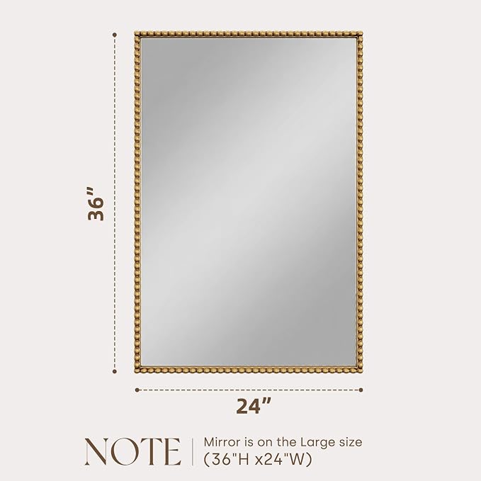 Uniclinens Vintage Rectangle Mirror Decor - Large Antique Gold Beaded Mirror for Wall Decor with Metal Frame, Ideal for Bathroom,Entryway, Fireplace, Living Room, Hallway,24"X36"