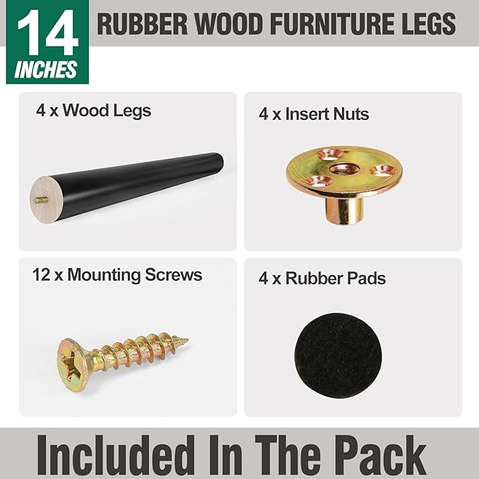 FoDau770 Black Rubber Wood Furniture Legs 14 Inches, Slant Tapered Wood Feet Mid Century Sofa Legs Set of 4, 5/16" UNC Furniture Feet Replacement Parts for Cabinet Couch Dresser Chair Ottoman Table