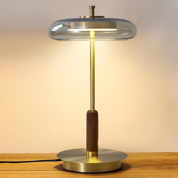 Brass Base Mushroom Table Lamp for Bedroom, Small Desk Lamp with Amber Glass Shade, LED Three Color Temperature Adjustable Brightness Modern Side Table Lighting (H 15.4 in)