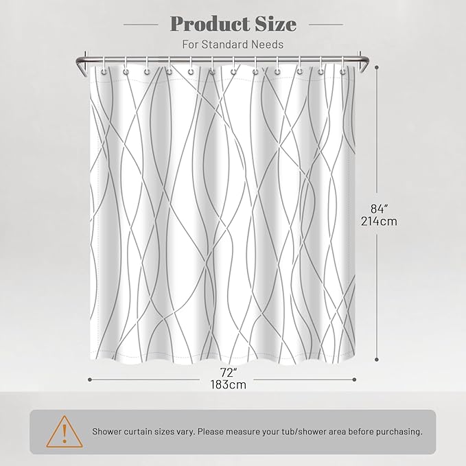 Punkray Grey Shadow Shower Curtain for Bathroom with Hooks, Extra Long Shower Curtain Set Stripe Bath Curtains Decor White Shower Curtains Weighted Hem Washable, 72 x 84
