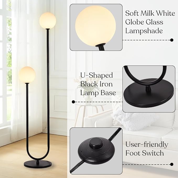 Mid Century Black U-Shape Floor Lamp 60inch Tall Globe Glass Stand Floor Light Modern Black Floor Lamp for Living Room Bedrooms Offices,Milk White Glass Lampshade,G9 Bulb