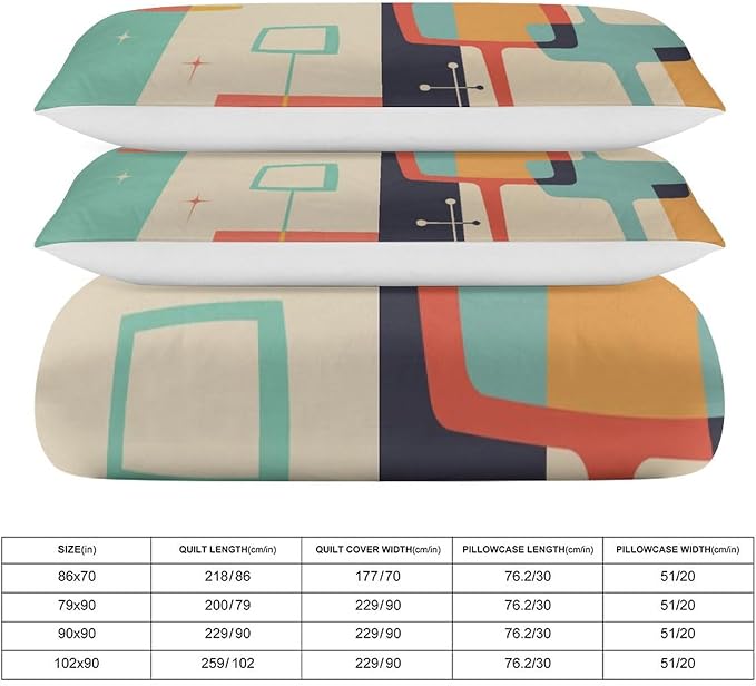 Mid Century Duvet Cover Queen Retro Atomic Bedding Set, Rainbow Grid Comforter Cover Vintage Fifties 1950s Bed Set，Abstract Art Bedding 3 Piece (1 Duvet Cover 86"x70" + 2 Pillow Sham 20"x30")