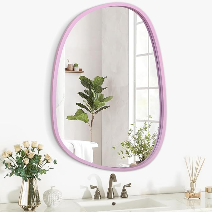Irregular Wood Mirror with Frame Oval Asymmetrical Mirror for Wall Living Room Bedroom Bathroom Entryway Hallways Modern Unique Decorative Artistic Hanging Mirror Pink