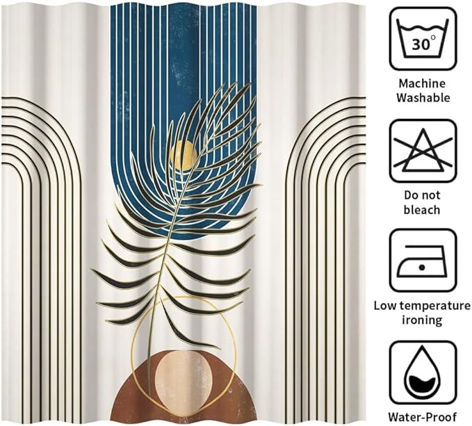 Mid Century Boho Shower Curtain for Bathroom Modern Abstract Minimalist Bathroom Decor Set Plant Leaves Arch Sun Bathtub Curtains Machine Washable Waterproof Polyester Fabric with Hooks 54x72 Inch
