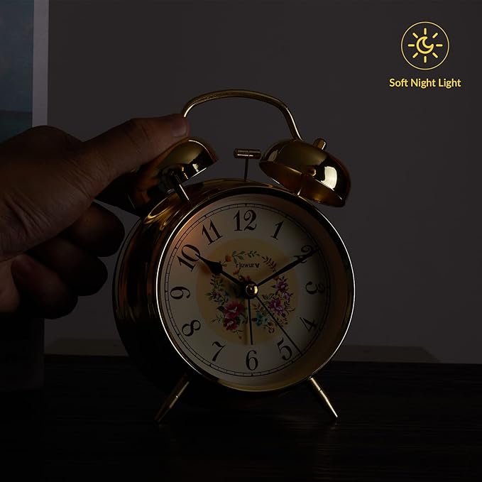 rjuwurv 4" Loud Alarm Twin Bell Alarm Clock, Night Light, Desk Clock Table Alarm Clock Bedroom Alarm Clock(Golden Rural)