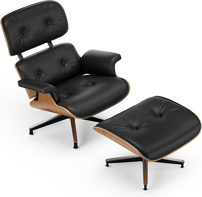 Top Black Grain Leather, Mid Century Chaise Lounge Chair and Ottoman, Modern Chair Classic Design, Walnut Wood, Heavy Duty Base Support for Living Room Study Lounge Office