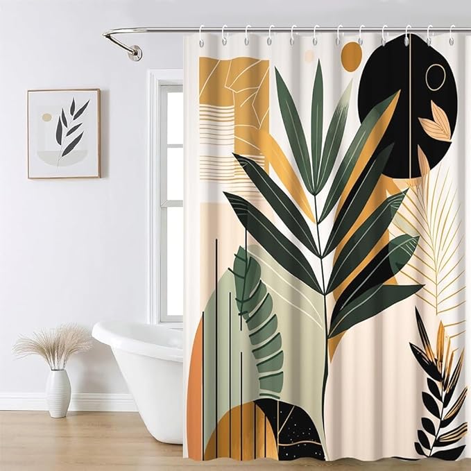 Boho Mid Century Shower Curtain for Bathroom Modern Abstract Minimalist Neutral Bathroom Decor Arch Sun Leaves Chic Aesthetic Bath Curtains Washable Waterproof Polyester Fabric with Hooks 72x78 Inch