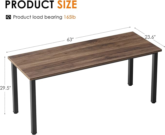 Need 63 Inch Computer Desk, Modern Simple Home Office Desk with Large Legroom, Gaming Writing Work Table for Study, Sturdy Black Metal Frame, Walnut Finish