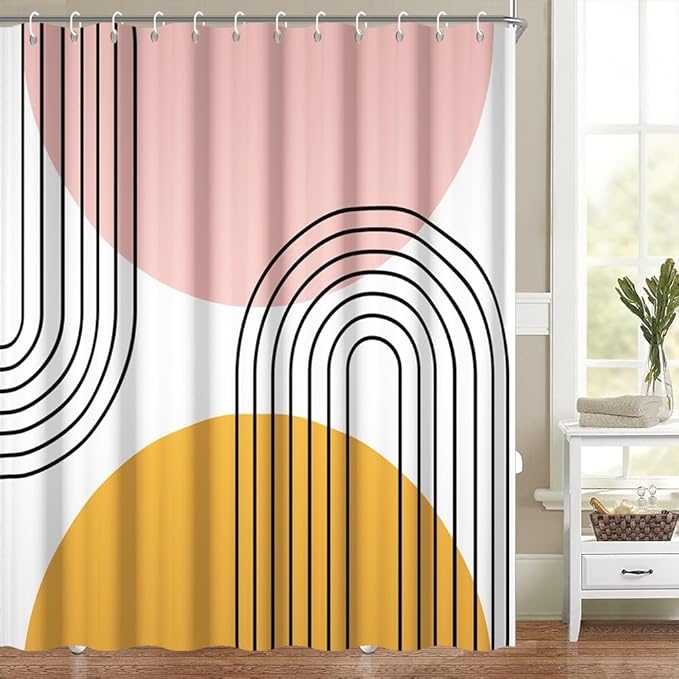 Pink and Orange Boho Shower Curtain for Bathroom Modern Abstract Minimalist Bathroom Decor Set Mid Century Arch Sun Aesthetic Bathtub Curtain Washable Waterproof Polyester Fabric with Hooks 69x70 Inch
