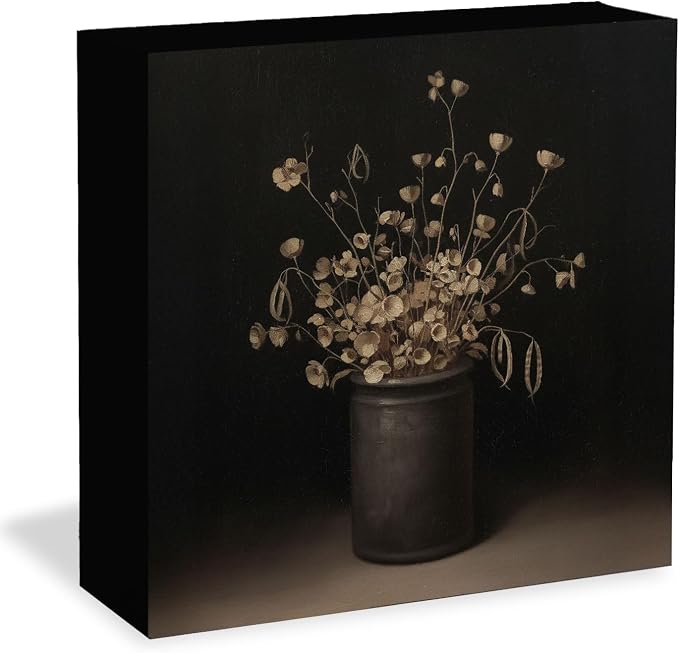 Moody Rustic Floral Wooden Box Sign Desk Decor, Dark Academia Cottagecore Flower Botanical Wood Signs for Home Living Room Office Desk Table Shelf Decorations, 5x5 Inch