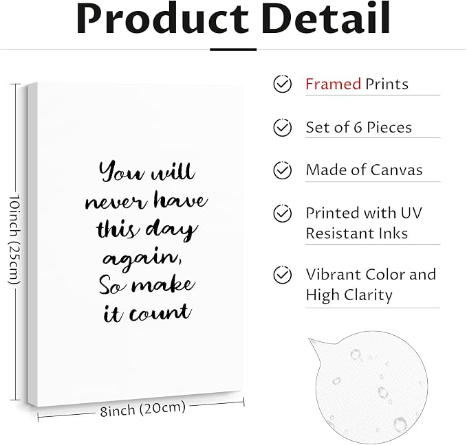 Office Inspirational Wall Art Decor Motivational Quotes Canvas Wall Art Positive Classroom Posters Pictures Office Inspirational Work Artwork for Women Home Bedroom 8x10 Inch Wrapped Canvas Set of 6