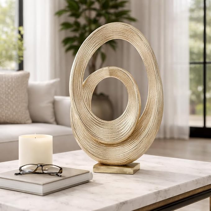 Abstract Ring Art Home Decor Sculpture Figurine - Modern Table Accent for Coffee Table and Room Display - Oval Ornament for Living Room, Bathroom, Office or Shelf Use - 20", Gold & Metallic