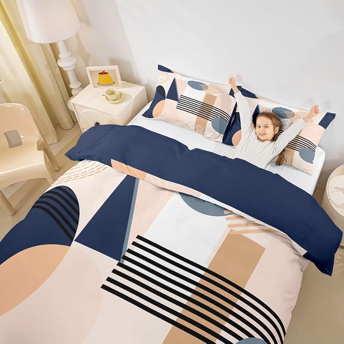 Erosebridal Navy Blue Abstract Duvet Cover Toddler Size for Kids Teens Girls | Colorful Geometric Comforter Cover Minimalist Circle Modern Bedding Set Boho Contemporary Aesthetic Bed Set