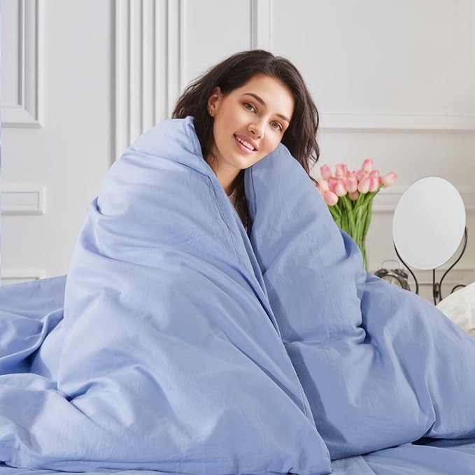 NEXHOME PRO Twin Duvet Cover Set, 100% Washed Cotton with Linen-Like Texture, Natural Organic, Breathable & Comfortable, Includes Home Bedding Set Baby Blue (No Comforter) 6890