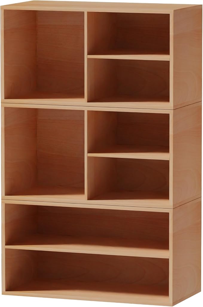 3 Cube Organizer Bookcase, Expandable Storage Shelves, Wooden Open Shelving Unit Book Shelf for Living Room, Office, Bedroom, Mid-Century Style Wood Furniture, Beech Color (1 Set)