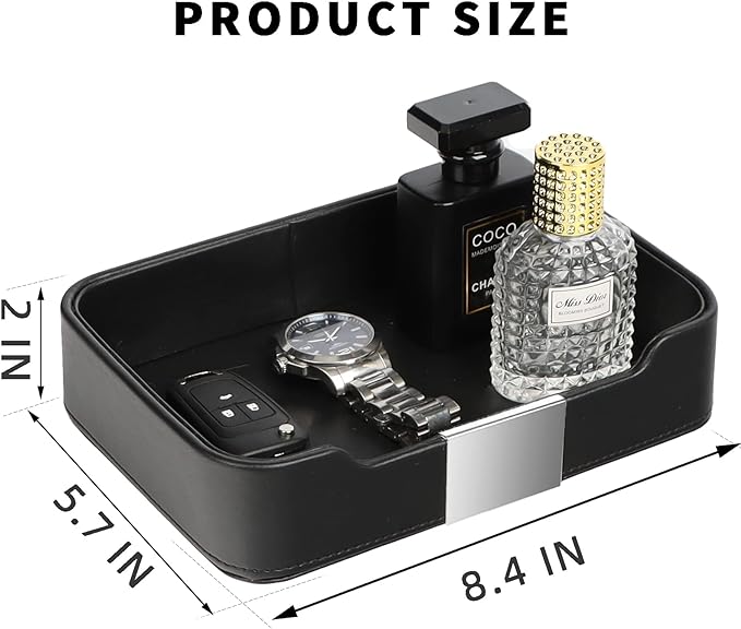 SANZIE Luxury Leather Tray Organizer Valet Tray Key Tray for Entryway Table Desktop Storage Catchall Tray Decorative Tray for Jewelry Keys Wallet Phone Watch (Metal Silvered, Black)