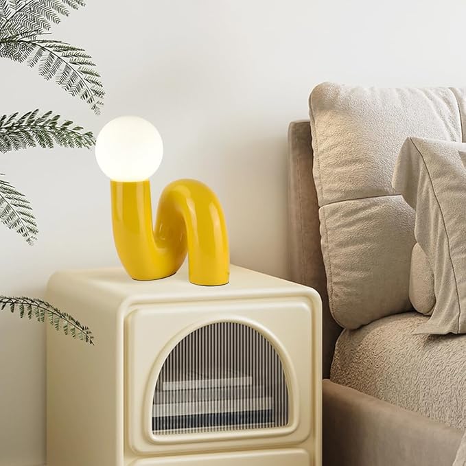Modern Yellow Table Lamp Bauhaus Resin Table Light Aesthetics Milk White Globe Glass Light Fixtures for Bedside Bedroom Living Room Kid’s Room Corner Office