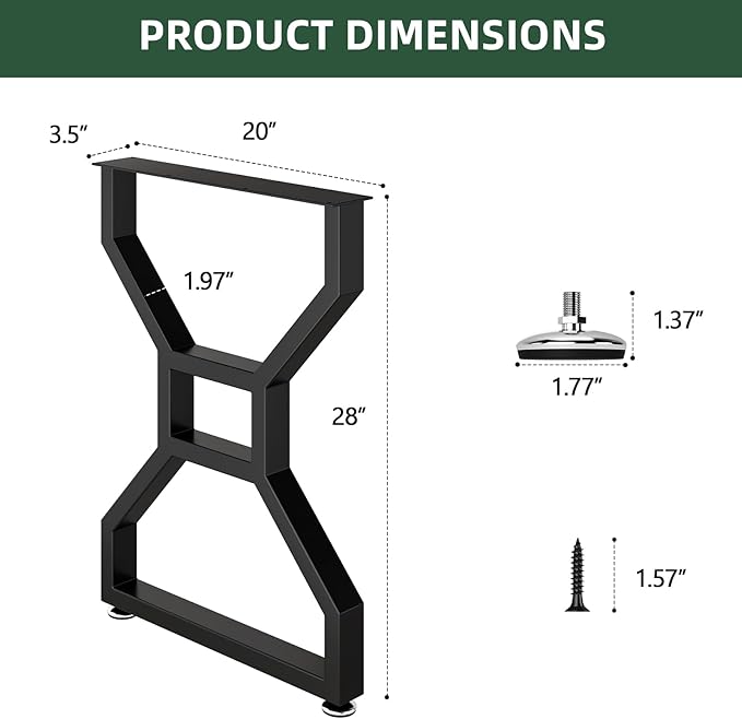 Metal Table Legs 28" H x 20" W Furniture Desk Bench Dining Table Legs with Adjustable Feet Gourd Shape Heavy Duty Desk Legs Set of 2 Black