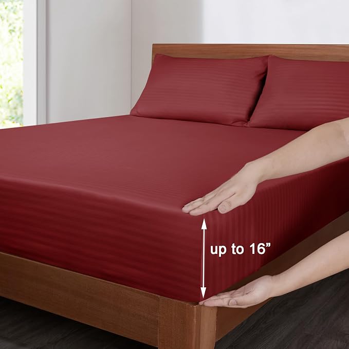 Mejoroom Striped King Size Bed Sheet Set - Hotel Luxury 1800 Bedding Sheets & Pillowcases - 16" Deep Pocket Fitted Sheet, Soft, Breathable, Wrinkle & Fade Resistant - 4 Piece(Burgundy)