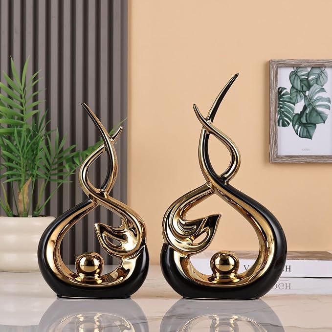 QIANLING Home Decor Modern Abstract Art Ceramic Statue - Black and Gld Ceramic Sculpture, Dining Table Centerpiece Decor, Decoration for Home Decor Living Room Entryway Table Bookshelf Mantle Shelf