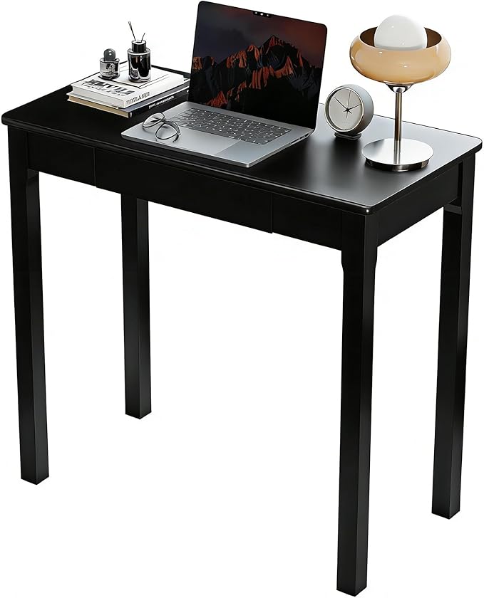 Solid Wood Desk with Drawers - 32 x 16 Inch Simple Narrow Desks, Rubber Wood Study Table, Small Writing Desk for Bedroom|Small Spaces - Modern Black Desks