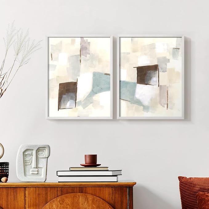 Renditions Gallery Set of 2 Peel & Stick Framed Prints, Abstract Wall Art, Minimalist Color Block Brush Strokes Wall Decor, Re-Stickable - Ready to Hang - 8"x10" - White Frame LT588