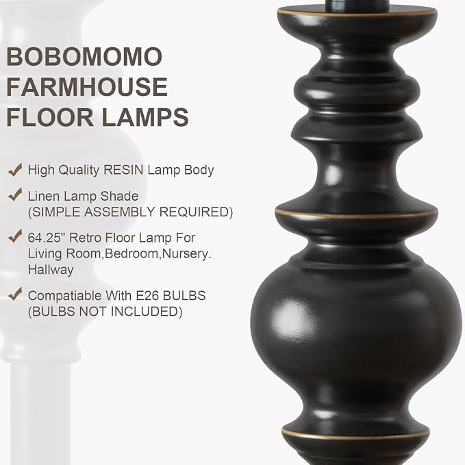 BOBOMOMO 64.25" Farmhouse Floor Lamp with Remote, Dimmable Black Floor Lamp with Adjustable Color Temperatures, Tall Standing Lamps for Living Room Corner, Bedroom & Office, 9W Bulb Included