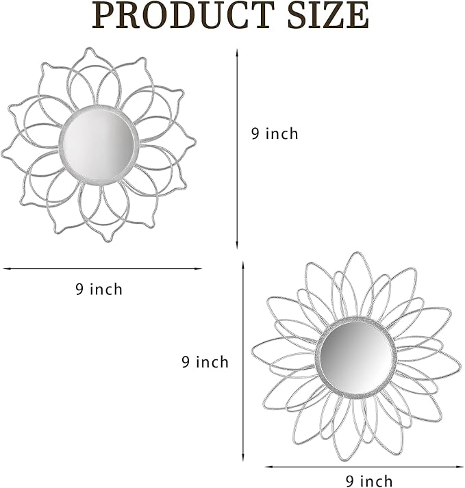 Silver Mirrors for Wall, 9 inch Metal Flower Mirrors Home Valentine Decoration, Valentine Wall Art Decorative Mirror Small Mirror for Living Room Bedroom, Entrance Set of 3