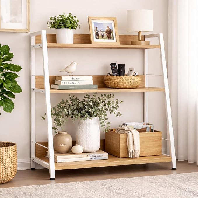 Ladder Shelf, 3 Tier Bookshelf, Small Bookshelf for Small Spaces, Wood and Metal Bookcase, Ladder Bookshelf, Modern Storage Shelf for Living Room and Office (White, Ladder)