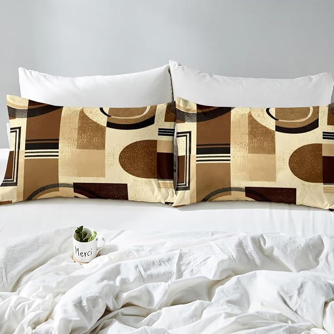 Geometric Striped Circle Duvet Cover Set King Size,Abstract Graffiti Retro Squares Bedding Set,Boys Girls Room Decor,Aesthetic Simple Chic Comforter Cover,Brown Quilt Cover,2 Pillowcases(No Filler)