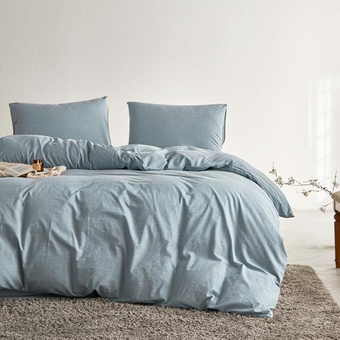 Wake In Cloud - Cotton Duvet Cover Set, 100% Washed Cotton, Linen Like Textured, Breathable Durable Comfy Farmhouse Neutral Bedding Set, 3 Pieces, Light Denim Blue, Full Size