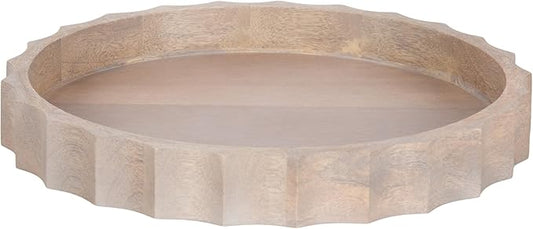 Kate and Laurel Lissi Decorative Round Tray with Wavy Design; 15 Inch Diameter; Natural Wood; Modern Scalloped Circle Serving Tray for Coffee Table Ottoman; Dining Table; or Entryway Tray
