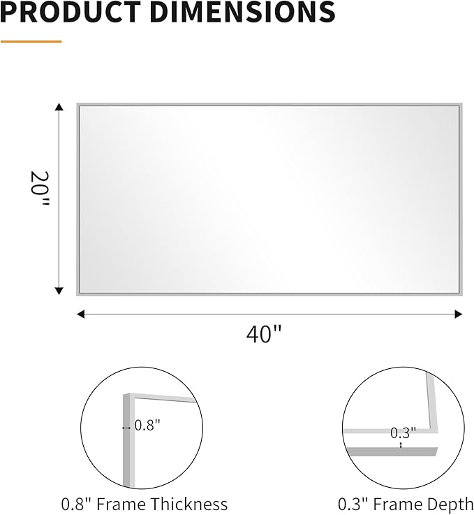 KOCUUY Silver Framed Mirror, 20"x40" Rectangle Bathroom Mirror for Wall, HD Tempered Glass, Anti-Rust Frame, Modern Design for Bathroom, Bedroom, Living Room, Entryway