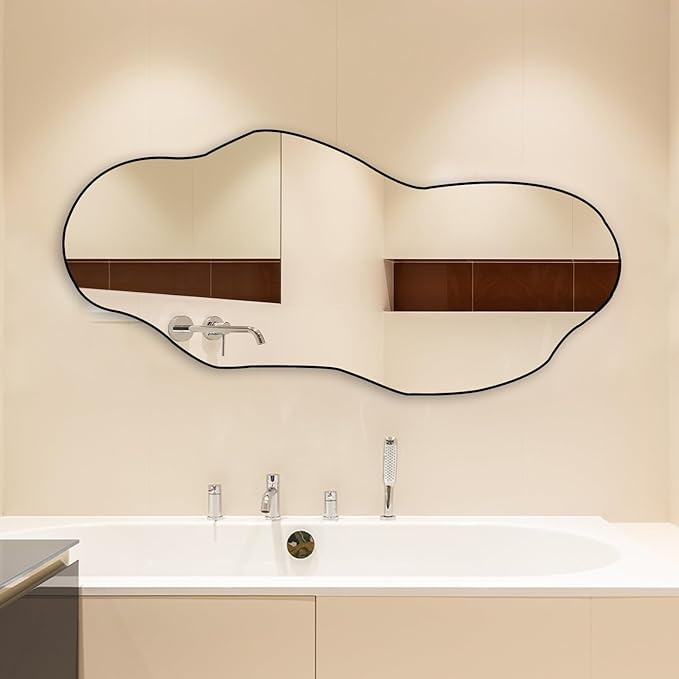 POZINO Irregular Wall Mirror, Large Asymmetrical Mirrors, 47.2"x21" Odd Shaped Mirrors Decorative, Modern Abstract Frameless Mirror for Living Room Bedroom Bathroom Entryway