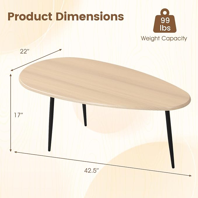 Giantex Oval Coffee Table, Mid Century Modern Center Table with Sturdy Metal Frame and Compact Design, Vintage Accent Cocktail Tea Table, Wood Living Room Tables for Small Spaces (Natural)
