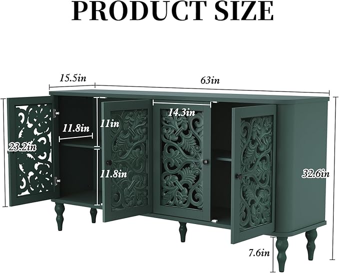 ARTPOWER 63" Retro Arc Carved Sideboard Buffet Cabinet, 4 Craft Doors Wooden Accent Credenza for Living Room, Dining Room, Entryway, Hallway, Green