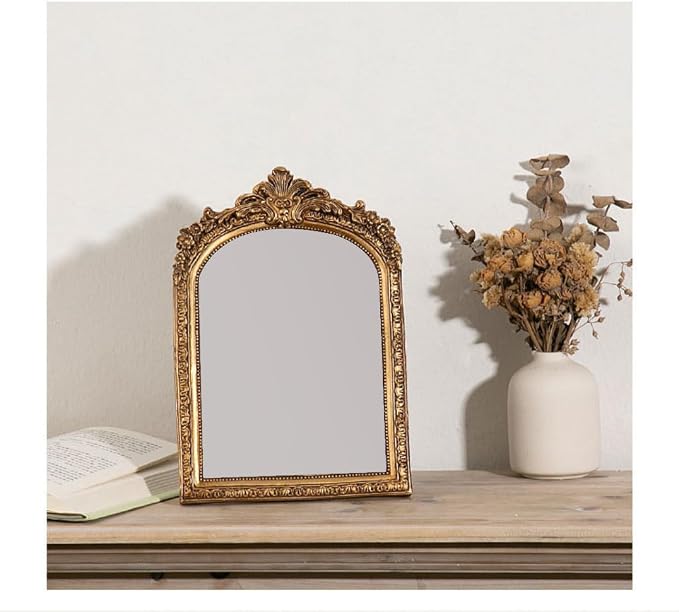 TenFuju 11” x 9.5” Small Gold Vintage Wall Mirror, Antique Gold Resin Baroque, Decorative Hanging & Tabletop