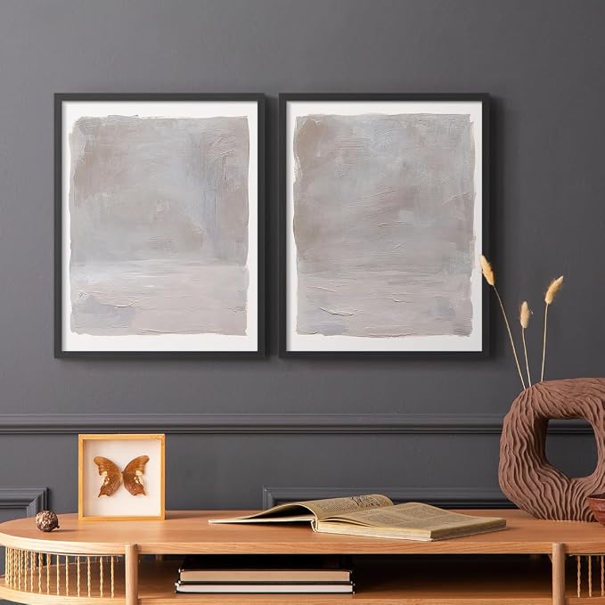 Renditions Gallery Set of 2 Peel & Stick Framed Prints, Watercolor Abstract Wall Art, Neutral Tones Textured Brushstrokes Wall Decor, Re-Stickable - Ready to Hang - 11"x14" - Black Frame LT588
