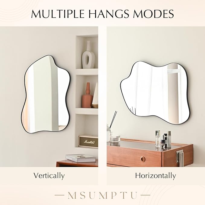 Irregular Wall Mirror Black Wave Shaped Metal Framed Wall Mirror for Bathroom Bedroom Entryway Living Room Wall Decor 28" L x 20" W 2304B
