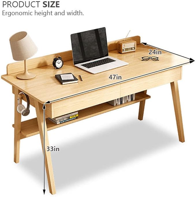 Writing Desk, Home Office Workstation Computer Desk Mid-Century Modern Walnut Desk with 2 Drawers and Storage Shelves(47 Inch, Oak)
