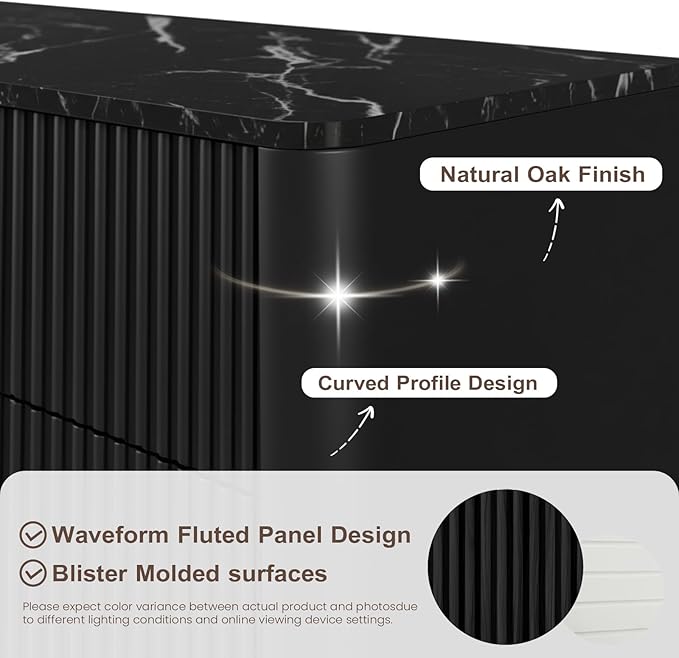 Fluted 5 Drawers Dresser for Bedroom, 47" Tall Handleless Chest of Drawers with Faux Marble Top, Curved Profile Design, Wood Drawer Organizerfor forLiving Room, Hallway, Entryway, Black