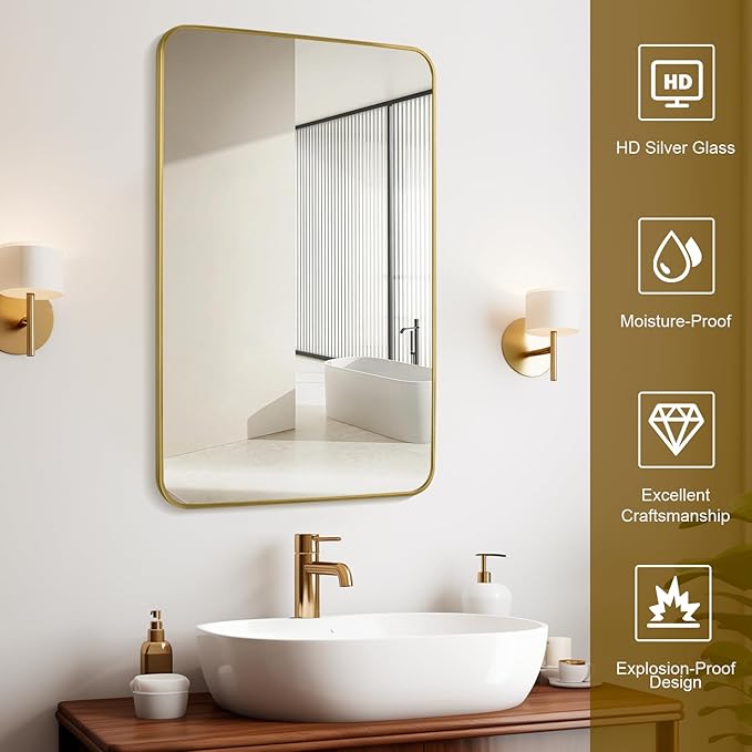 Gold Wall Mirror for Bathroom 24X36 Inch Stainless Steel Metal Frame Bathroom Vanity Mirror Rounded Rectangle Mirror Rustproof for Entryway, Living Room Hangs Vertically or Horizontally