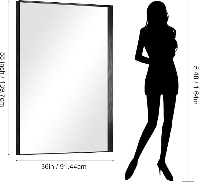 CIRCUMI Black Bathroom Mirror, 36"x55" Rectangular Mirror with Deep Metal Frame, Brushed Finish, Tempered Glass, Large Mirror for Wall, Over 2 Sinks, Installed Vertically/Horizontally, Crystal-Clear