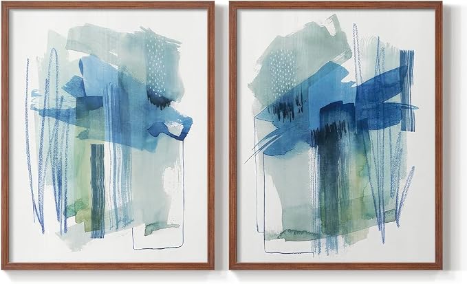 Renditions Gallery Set of 2 Peel & Stick Framed Prints, Modern Abstract Wall Art, Blue and Neutral Bold Brushstrokes Wall Decor, Re-Stickable - Ready to Hang - 8"x10" - Walnut Frame LT588