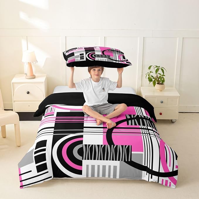 Art Deco Mid Century Duvet Cover Set Retro Modern Abstract Geometric Girl Toddler Bedding Set for Children Boys Black and White Fuchsia Circles Stripes Comforter Cover Contemporary Bed Sets