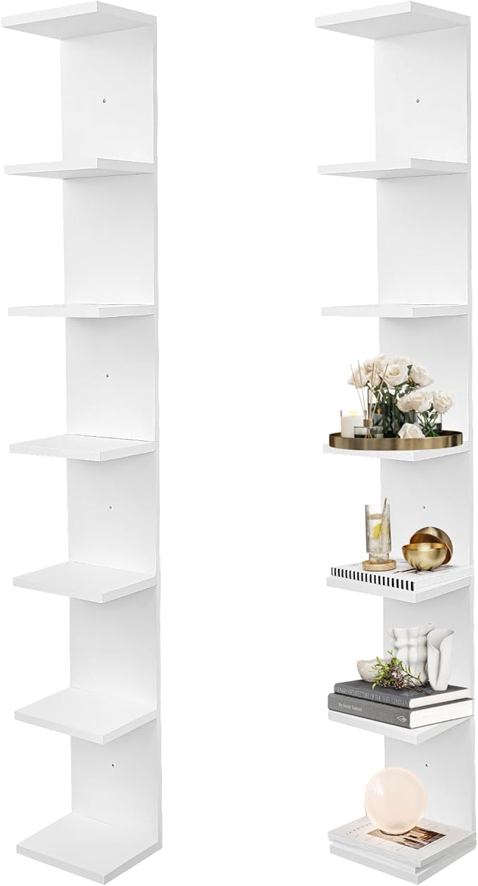 7 Tier Wall Shelf Unit,Vertical Column Floating Storage Home Decor Organizer,White Lack Wall Shelf for Bedroom,Living Room,Office Decor(2 Pack)