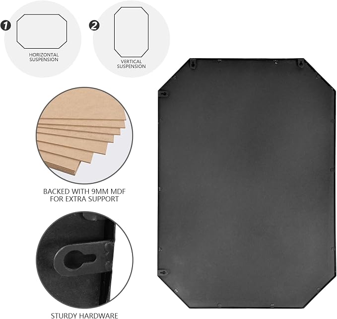 20"x28" Octagon Metal Mirror, Farmhouse Black Bathroom Mirror, Rectangle Wall Mounted Vanity Mirror Hanging for Bedroom Entryway Living Room Farmhouse Horizontal/Vertical