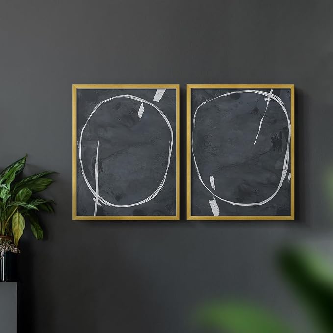 Renditions Gallery Set of 2 Peel & Stick Framed Prints, Abstract Wall Art, Circular Momentum Design Wall Decor, Re-Stickable - Ready to Hang - 16"x20" - GOLD Frame LT588